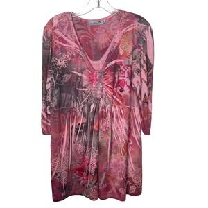 Unity World Wear Woman Pink Abstract Floral Studded Tunic Top‎ 1X